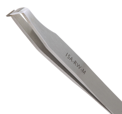 Excelta 15A-RW-M Angulated 4.5in. Carbon Steel .010in. Soft Wire Cutting Tweezer close up